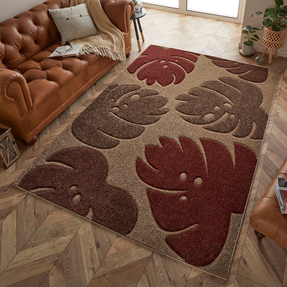 Portland 7155 Q Carved Leaf Rugs in Terra Beige Cream